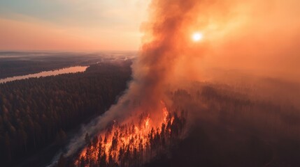 Fototapeta premium large-scale fire. A massive forest fire engulfs a picturesque landscape with dramatic smoke and flames.