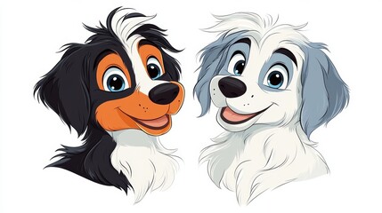 Obraz premium Adorable cartoon puppies, one with black, white, and orange fur, the other with white and blue fur, smiling cheerfully.