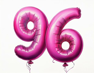Pink birthday / anniversary party balloon, number 96, watercolor painting with white background
