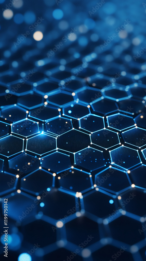 Poster Futuristic technology abstract background featuring a hexagonal network with glowing edges and a bokeh effect, enhancing depth