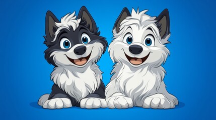 Obraz premium Two adorable cartoon husky puppies, one black and white, the other all white, sit side-by-side, smiling cheerfully against a bright blue background.