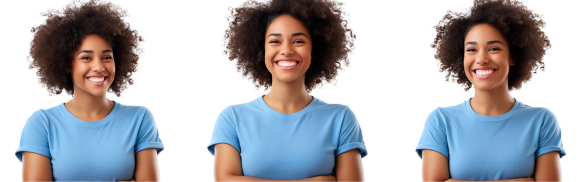 A happy, multiracial woman with curly hair wearing a blue t-shirt, in three different poses and angles, isolated on a transparent background png  (2)