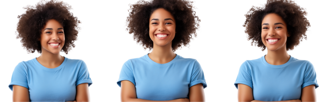A happy, multiracial woman with curly hair wearing a blue t-shirt, in three different poses and angles, isolated on a transparent background png  (2)