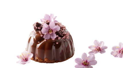 A delicious chocolate dessert adorned with delicate pink flowers, showcasing an enticing combination of flavors and aesthetics on a white isolated background.