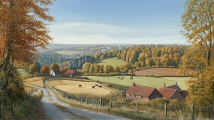 Idyllic autumn countryside scene with farmhouses, fields, and rolling hills.