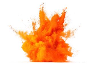 Orange powder explosion with transparent background for graphic design and creative projects isolated on a white background.