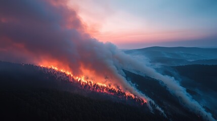 Obraz premium large-scale fire. A massive forest fire engulfs a picturesque landscape with dramatic smoke and flames.