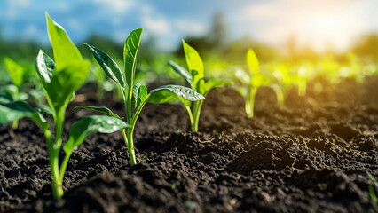 Small green plant sprout growing from the fertile dark soil, morning sunlight shining on the plant