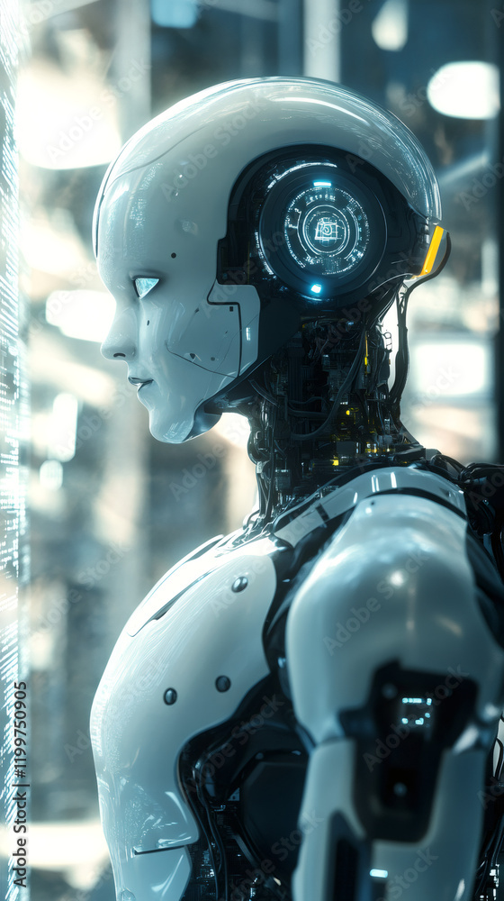 Poster Humanoid robot processing data within sleek server room, representing cutting-edge artificial intelligence technology