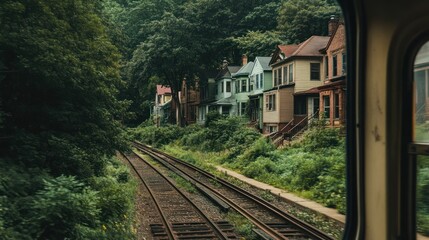 Train tracks beside colorful houses nestled in lush green foliage, viewed from a train window.