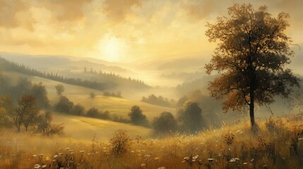 Naklejka premium Sunrise over a quiet countryside with fields and trees - generated AI