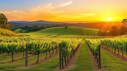 Fototapeta premium Sunset over a vineyard with rows of grapevines - generated AI