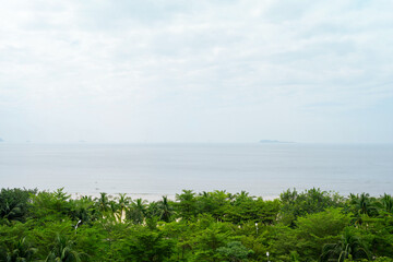 A beautiful and serene coastal view showcasing lush greenery alongside calm, soothing waters