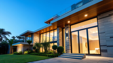 Fototapeta premium Luxury Modern Villa at Night: Stunning Architecture and Landscaping