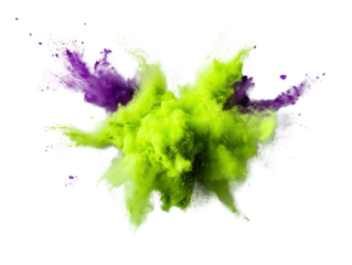 Colorful green and purple powder explosion creating vibrant abstract background for artistic designs isolated on a white background.