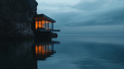 Obraz premium Modern Cliffside House Lake View Night Scene