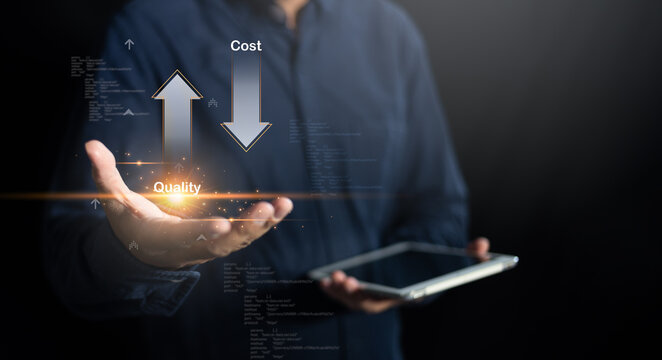 A businessman uses a tablet displaying growth indicators and arrows, symbolizing tech progress. Budget control and quality management enhance efficiency and cost savings.