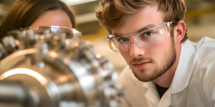 A focused young man wearing safety glasses examines a mechanical turbine while another person is partially visible in the background. Concept Mechanical Engineering, Safety Precautions