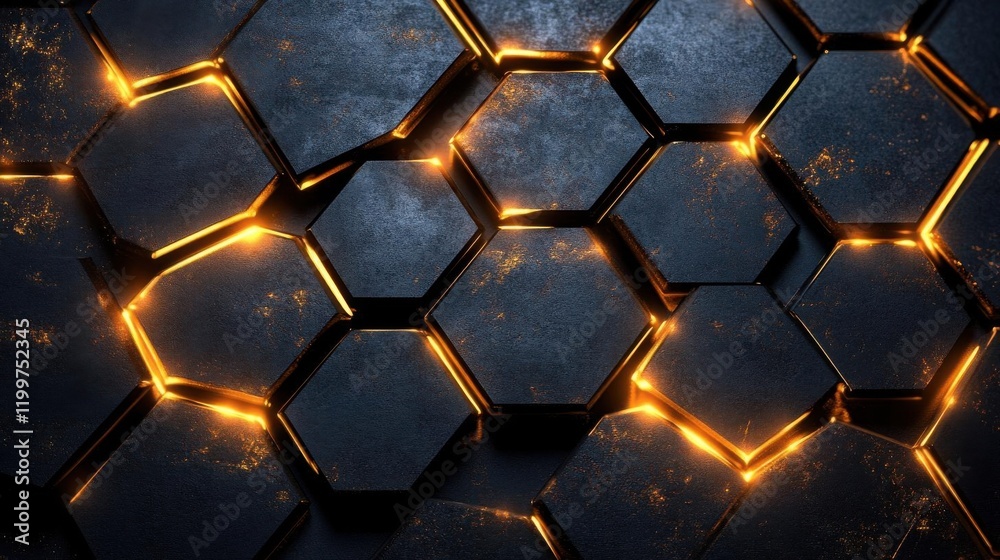 Poster a futuristic hexagonal pattern with glowing edges, merging dark textures and light, creating a dynam