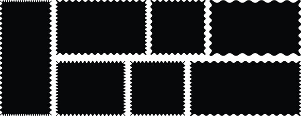 Rectangle frames with wiggly borders. Black silhouette scalloped frames. Geometric shapes with scallop and zigzag edges set. Silhouette stickers circle, square, oval and rectangle labels.