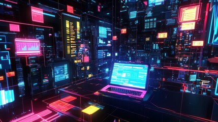 Futuristic digital room with glowing interfaces and laptop.