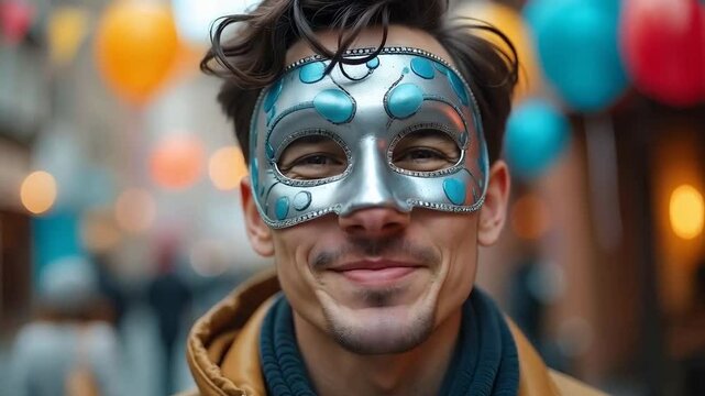 Asian man with a silver and blue carnival mask with colorful streamers and balloons in the background