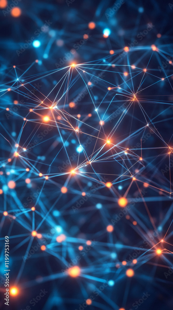 Poster Digital network plexus with interconnected glowing nodes spreading across luminous lines