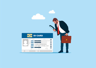 HR use magnifying glass to choose recruitment applicant ID card. ID card and driver license. Flat vector illustration. 