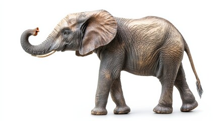 Obraz premium A gentle elephant with its trunk raised, detailed textures on the skin, isolated on a white background,