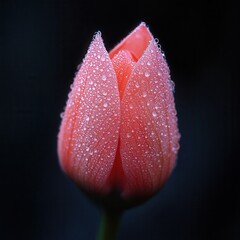 Close-up of a pink magnolia bud with water droplets on petals against a dark background