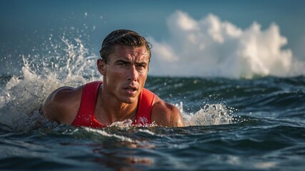 A dramatic portrait of a lifeguard rescuing a swimmer in rough waves, intense action, water splashing, determination in the lifeguard's eyes
