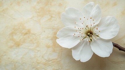 A single cherry blossom with white petals and pink buds on a cream background