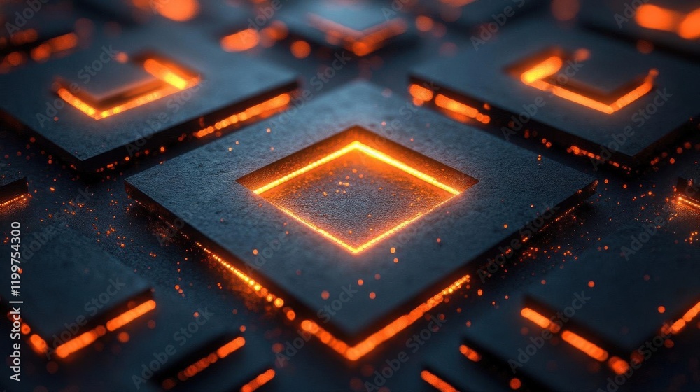 Poster a visually striking pattern of dark squares with glowing orange edges, creating a dynamic and futuri