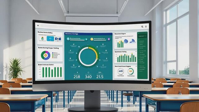 Classroom Analytics:  A modern classroom setting with a large monitor displaying an intricate dashboard filled with charts, graphs, and data.