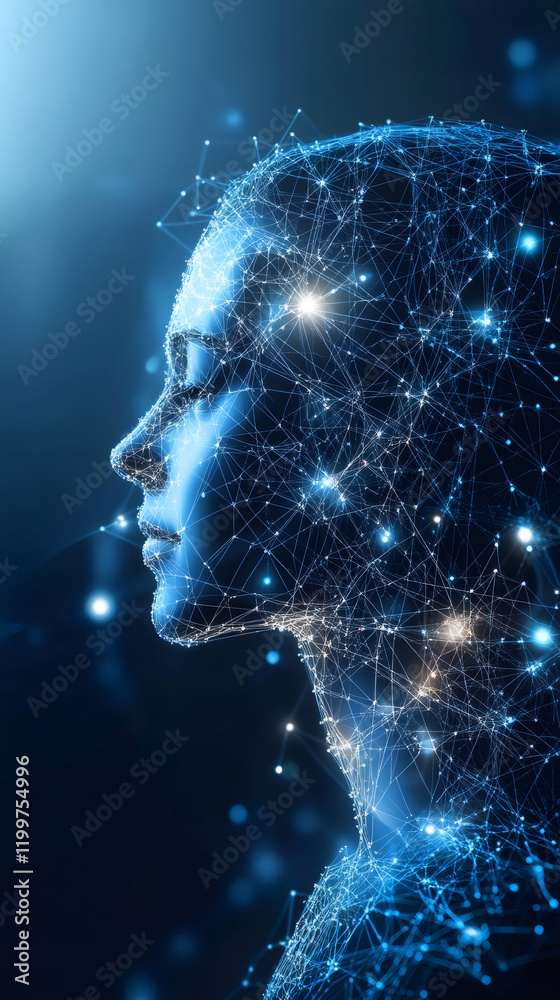 Poster Artificial intelligence forming a woman face made of polygonal mesh generating a big data network in a futuristic style
