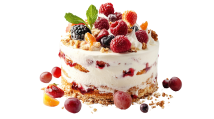 Delicious layered cake topped with fresh berries, creamy frosting, and crunchy granola, beautifully presented on a white background.