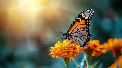 Obraz premium Butterfly on marigold flower nature close-up