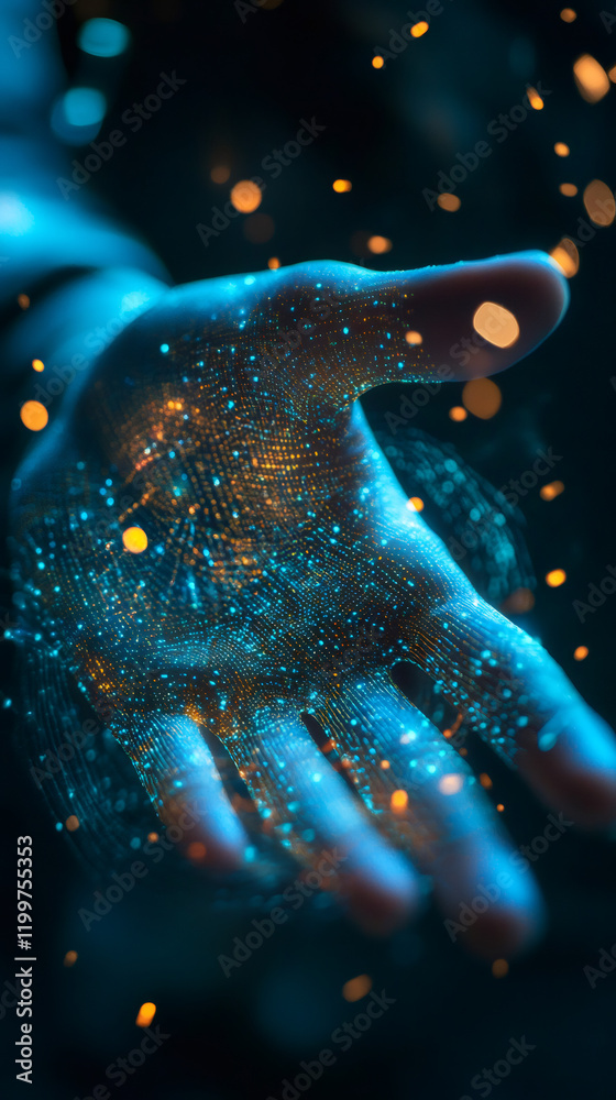 Leinwandbilder futuristic concept of a hand with glowing dots and lines, representing digital network connection an