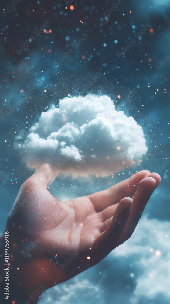 Poster cloud computing concept with a hand holding a cloud on a starry night sky background, symbolizing da