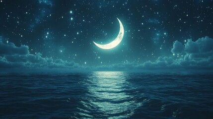 Fototapeta premium Crescent Moon Over Calm Ocean Under Starry Night Sky