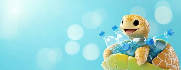 Naklejka premium climate change concept Cute turtle with plastic bottles on its back.