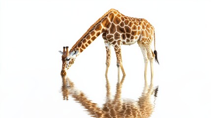 Obraz premium A giraffe drinking from a pond, isolated on a seamless white background,
