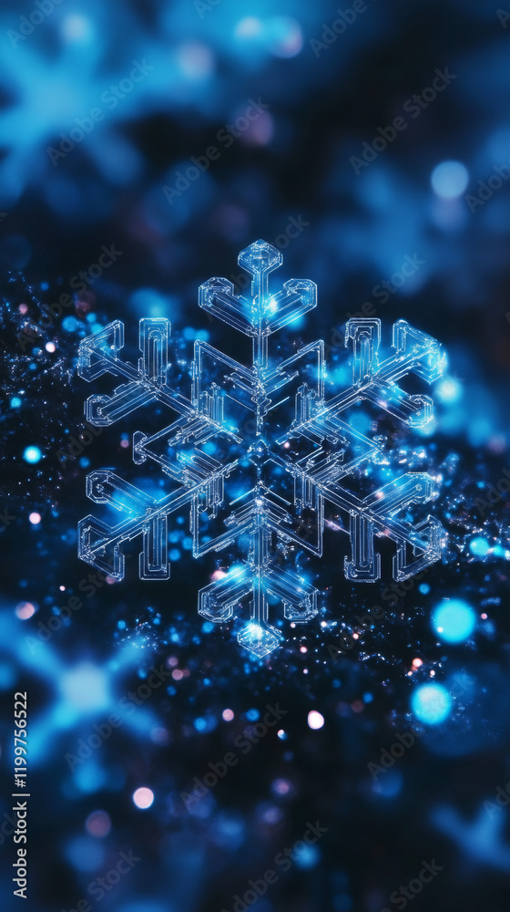 Poster luminous digital snowflake glowing with blue light, creating festive winter atmosphere against blurr