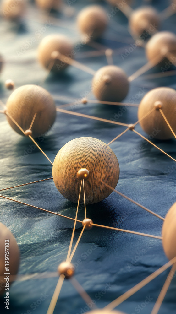 Aufkleber wooden spheres interlinking, representing digital network complexity, communication pathways, global