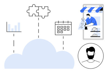 Cloud, calendar, graph, puzzle piece, man in profile avatar, person on smartphone screen. Ideal for cloud technology, e-commerce, scheduling problem-solving data analytics human resources