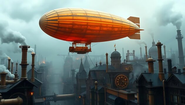 Steampunk Airship Soaring Over Industrial Cityscape