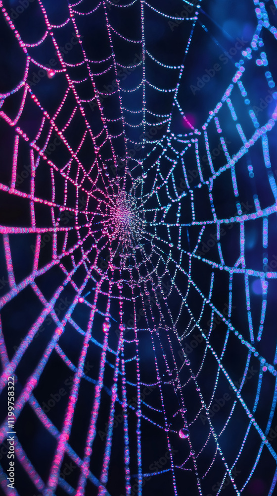 Poster Dew-covered spider web glistening with gradient droplets, revealing intricate natural patterns against shadowy backdrop