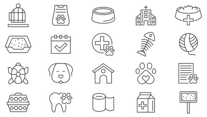 Animal Veterinery line icon set. Pet services, pet, care, veterinary, vet, healthcare, dogfood, rabbit, parrot, fish, food, water, collar, toy, bath line icon set. UI thin line icon pack.