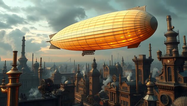 Steampunk Airship Soaring Over Victorian City