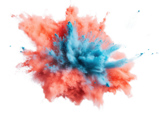 Blue and red powder explosion creating vibrant colored clouds in the air during a celebration or festival isolated on a white background.